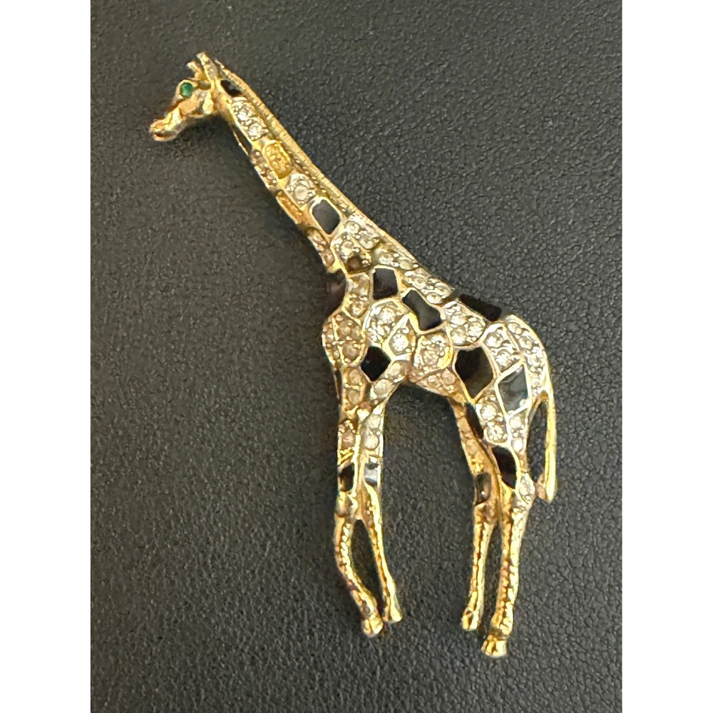 Giraffe Brooch Rhinestone Gold Tone Black Enamel